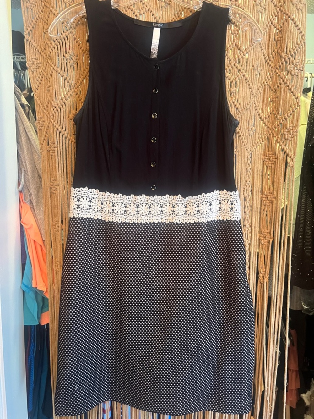 Kensie Black and White Polka Dot Midi Dress with Lace Waist